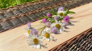 Wildflowers placed on Willow Coffin Lid with wooden centre